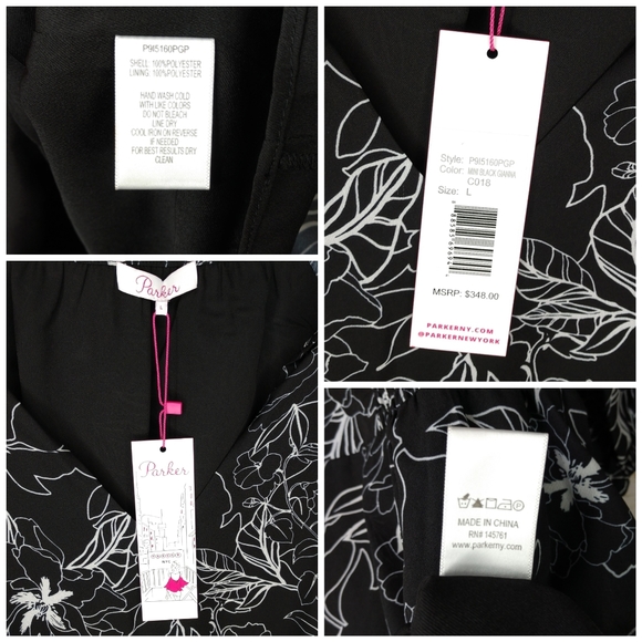 Parker Floral Print Ruffle Long Sleeves Smocked Waist Black Dress Women Large - Picture 9 of 11